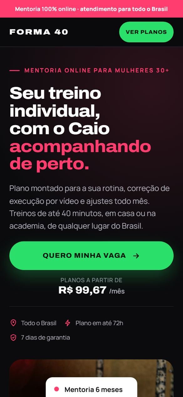 Página de vendas da mentoria no celular, com o título “Seu treino individual, com o Caio acompanhando de perto.” e o botão verde Quero minha vaga.