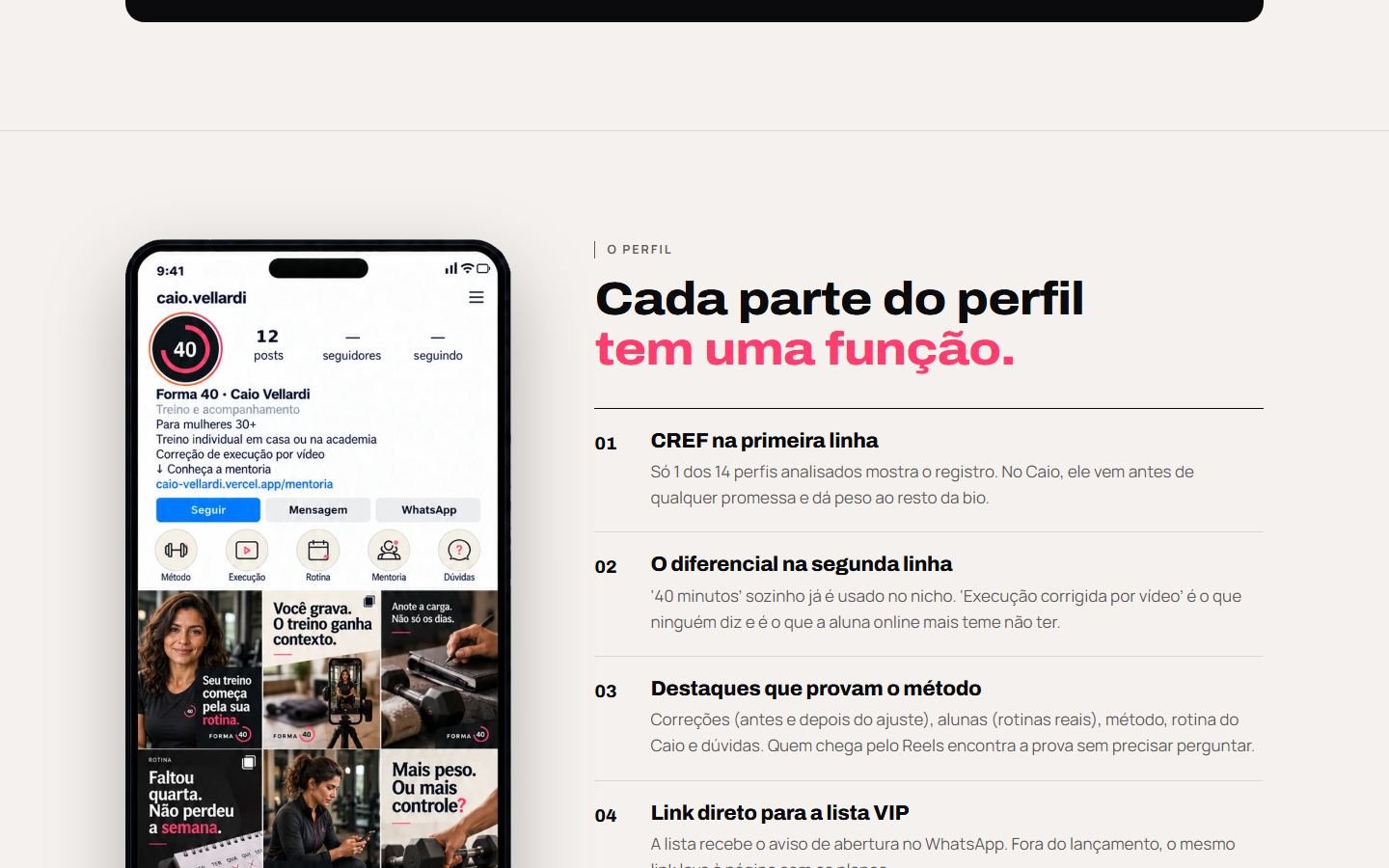 Página do planejamento de Instagram do Caio Vellardi: simulação do perfil no celular, com bio, CREF, destaques e grade de posts em grafite, rosa e verde, ao lado da explicação de cada parte.