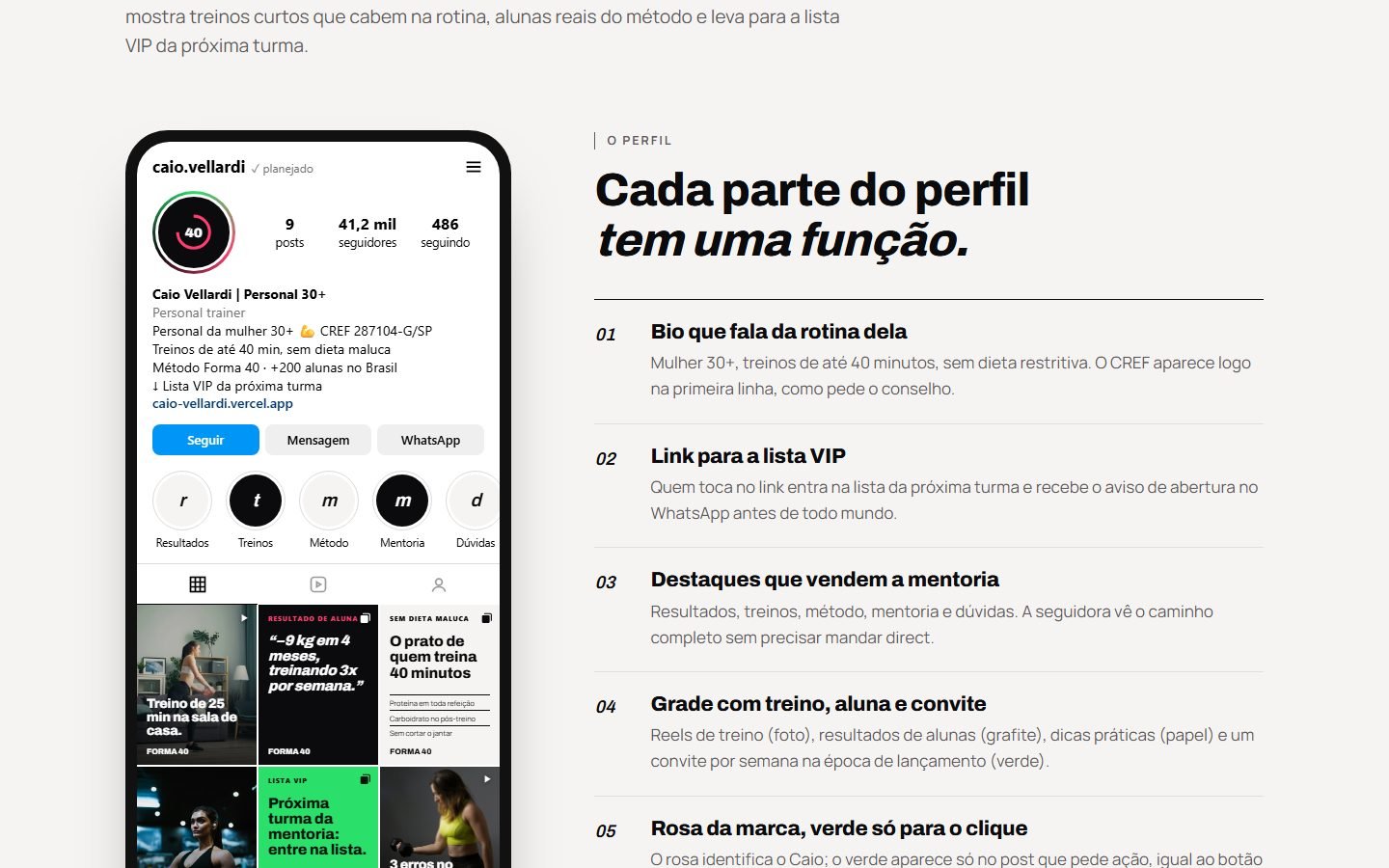 Primeira versão do perfil: bio “Treinos de até 40 min, sem dieta maluca” e destaques Resultados, Treinos, Método, Mentoria e Dúvidas.