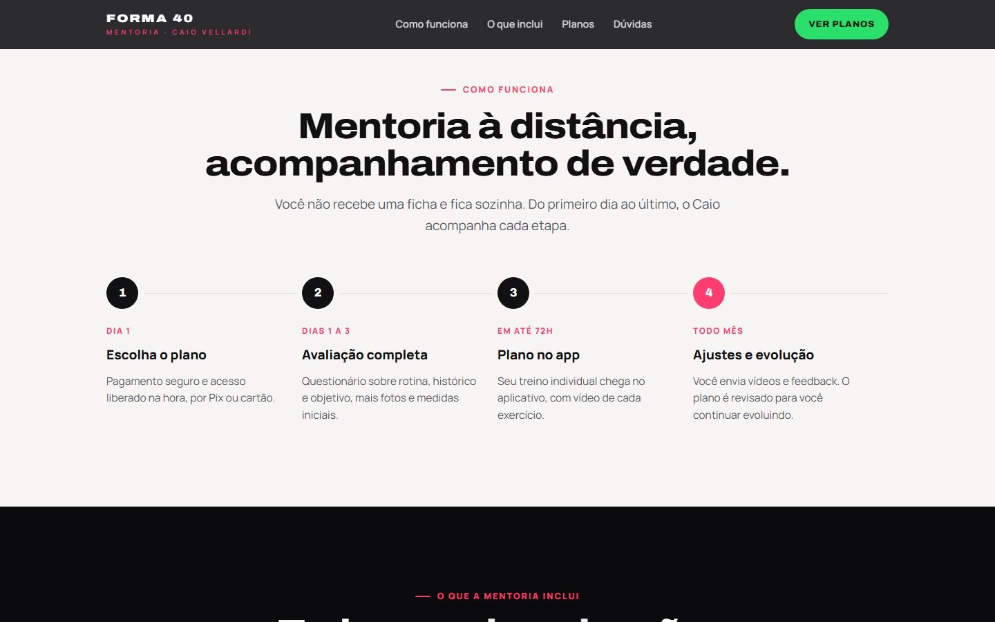Seção “Mentoria à distância, acompanhamento de verdade.”: quatro etapas numeradas, do dia 1 ao todo mês.