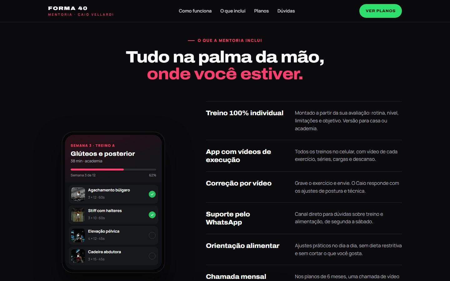 Seção “Tudo na palma da mão, onde você estiver.”: a tela do app de treino no celular ao lado da lista do que a mentoria inclui.