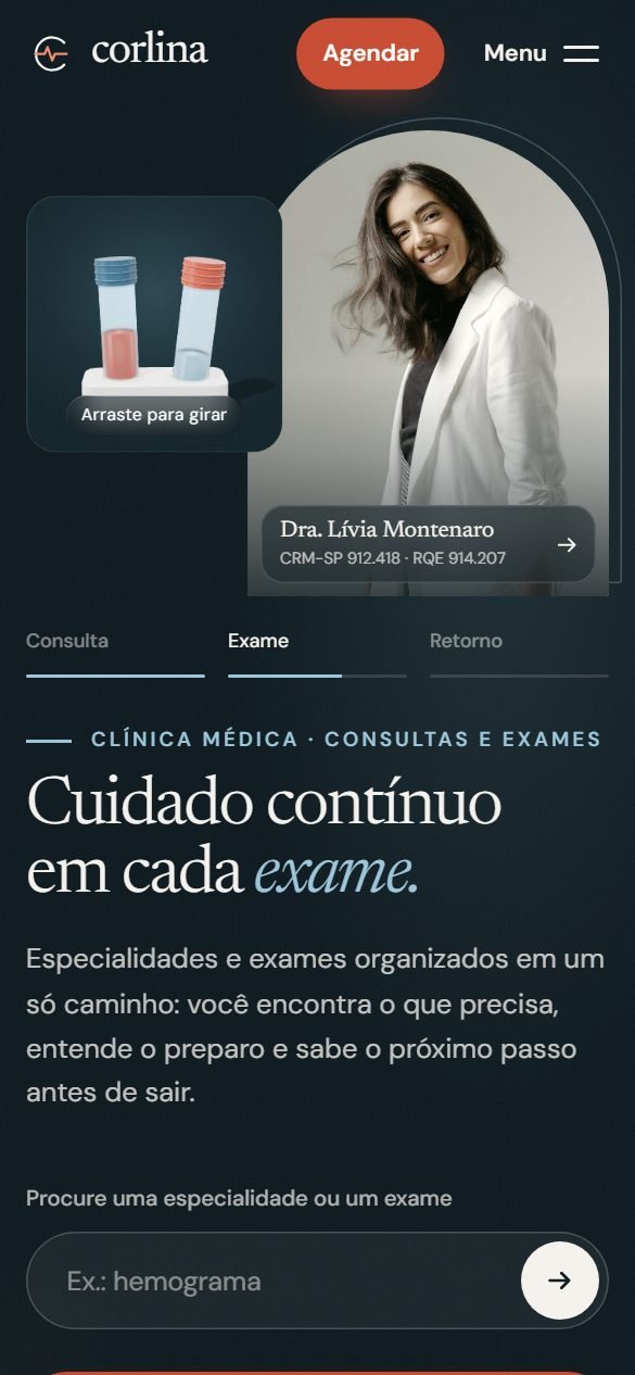 O site no celular, com o título, a busca e o botão de agendar.