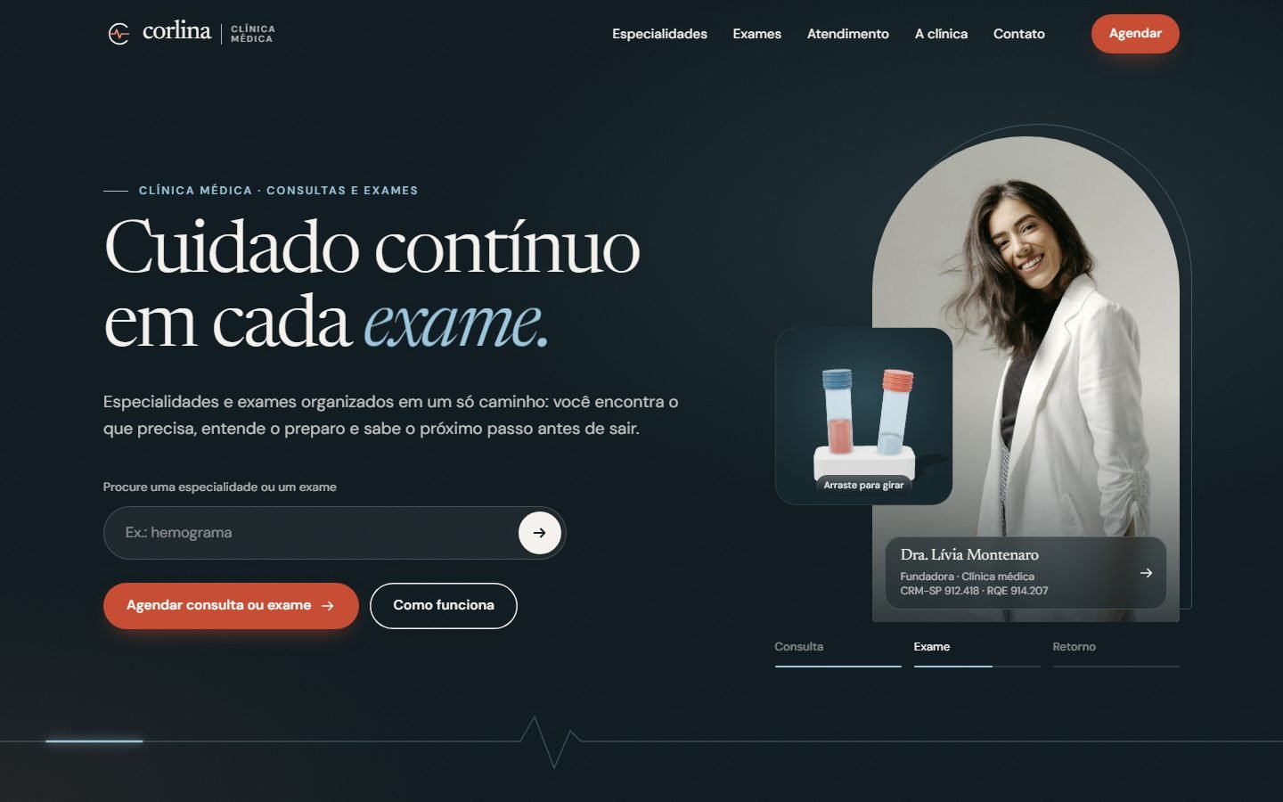 Site da Corlina no computador: título “Cuidado contínuo em cada exame.”, busca, botão coral de agendar e o retrato da Dra. Lívia em arco com os tubos de exame em 3D num medalhão.