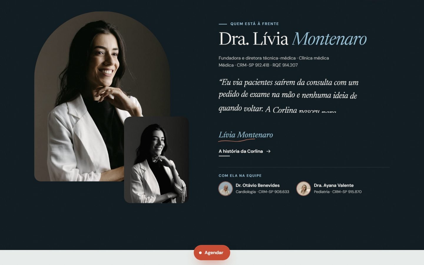 Seção Quem está à frente: retrato em arco da Dra. Lívia Montenaro, citação, assinatura e a equipe com o cardiologista e a pediatra.