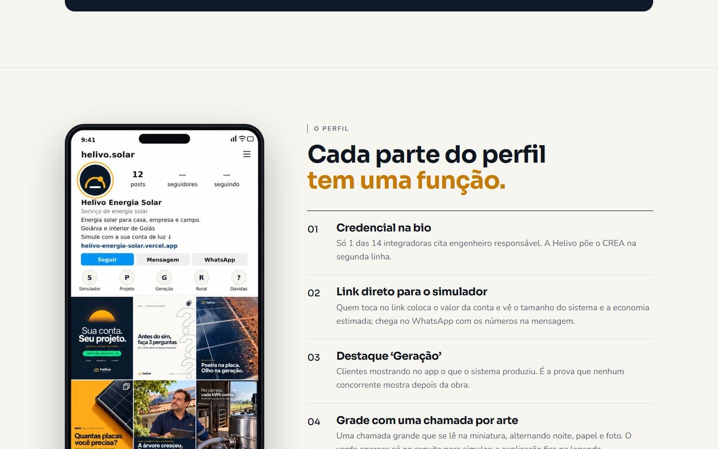 Página do planejamento de Instagram de Helivo Energia Solar: simulação do perfil no celular, com bio, destaques e grade de posts, ao lado da explicação de cada parte.