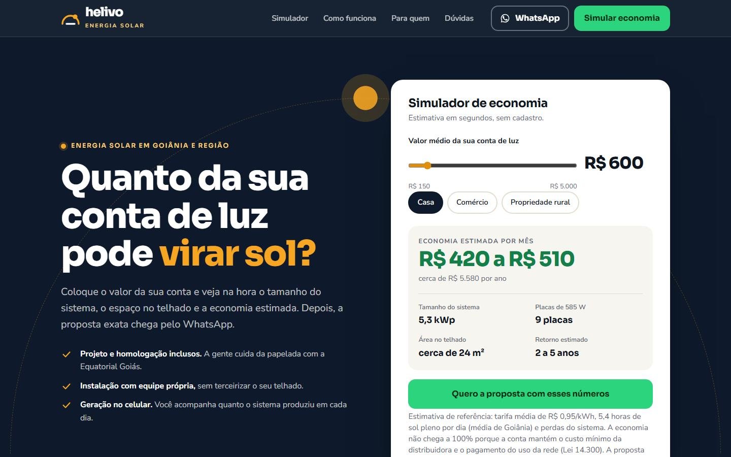 Site da Helivo no computador: título “Quanto da sua conta de luz pode virar sol?” e o simulador com economia estimada, tamanho do sistema e retorno.