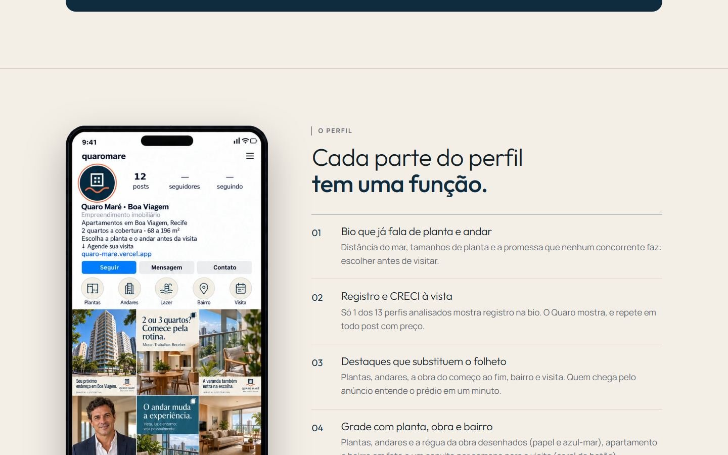Página do planejamento de Instagram de Quaro Maré: simulação do perfil no celular, com bio, destaques e grade de posts, ao lado da explicação de cada parte.