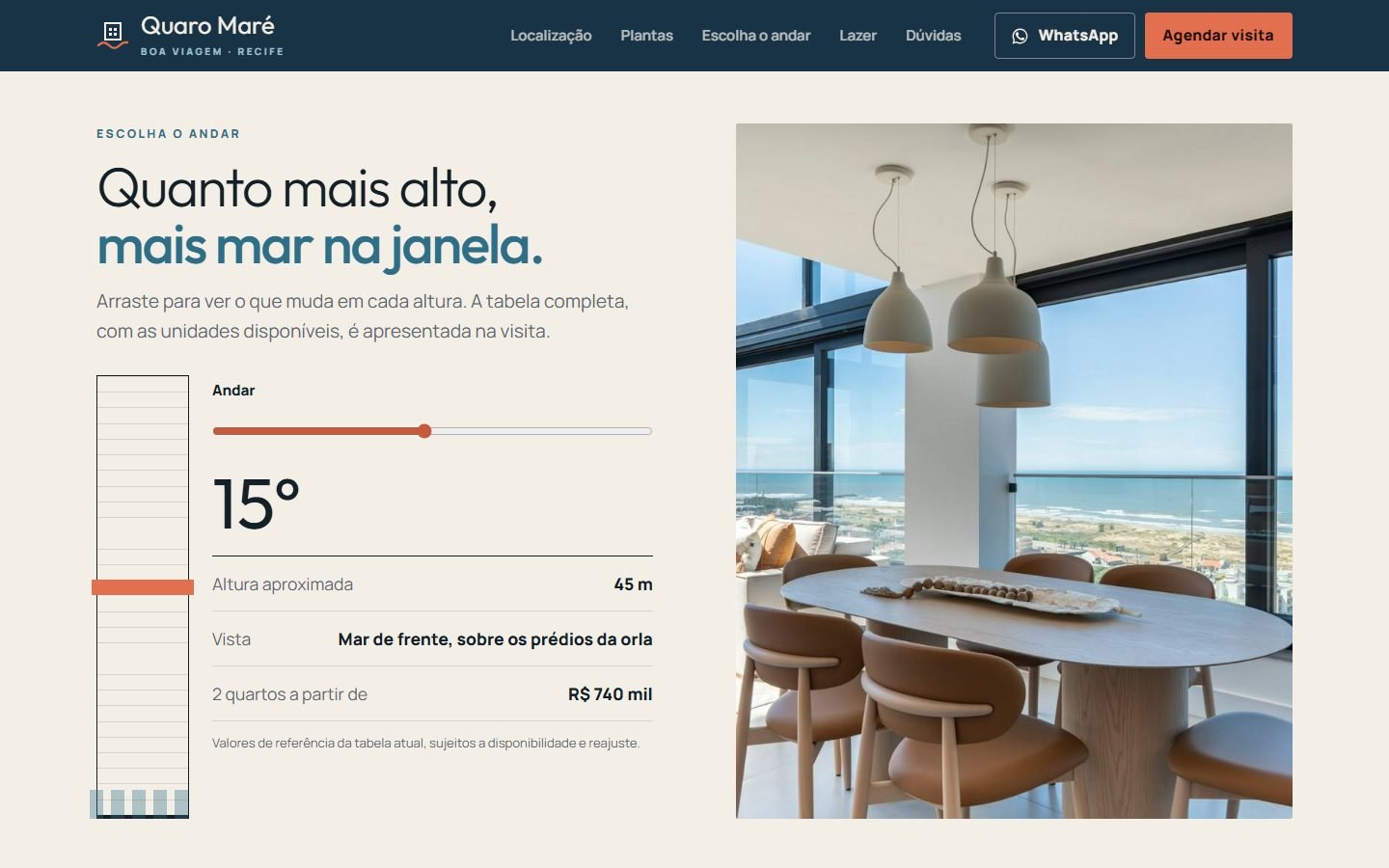 Seção “Quanto mais alto, mais mar na janela.”: régua de andares com o 15º marcado, altura, vista e preço, ao lado da foto de uma sala com vista para o mar.