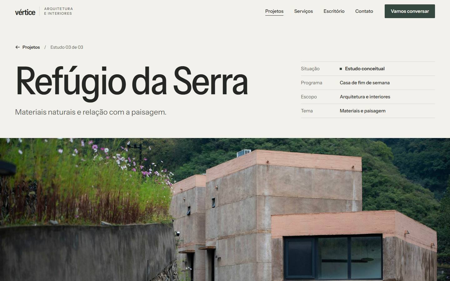 Página do estudo Refúgio da Serra: título grande, ficha com a situação “Estudo conceitual” e a foto de volumes de concreto apoiados na encosta.