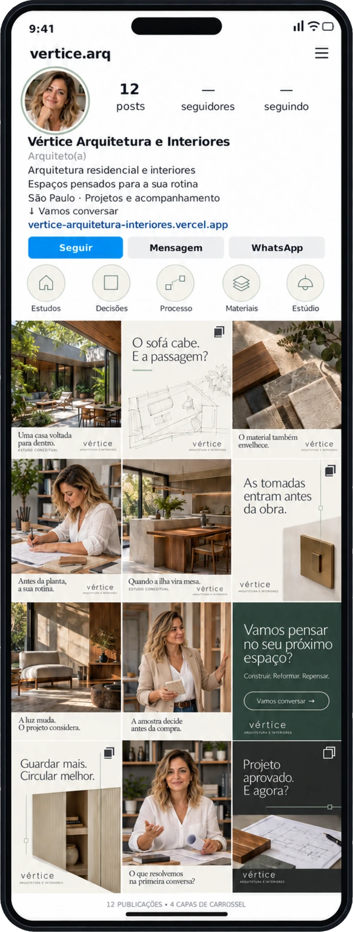 Prévia do perfil de Vértice no Instagram, no celular: bio, destaques e a grade de posts.