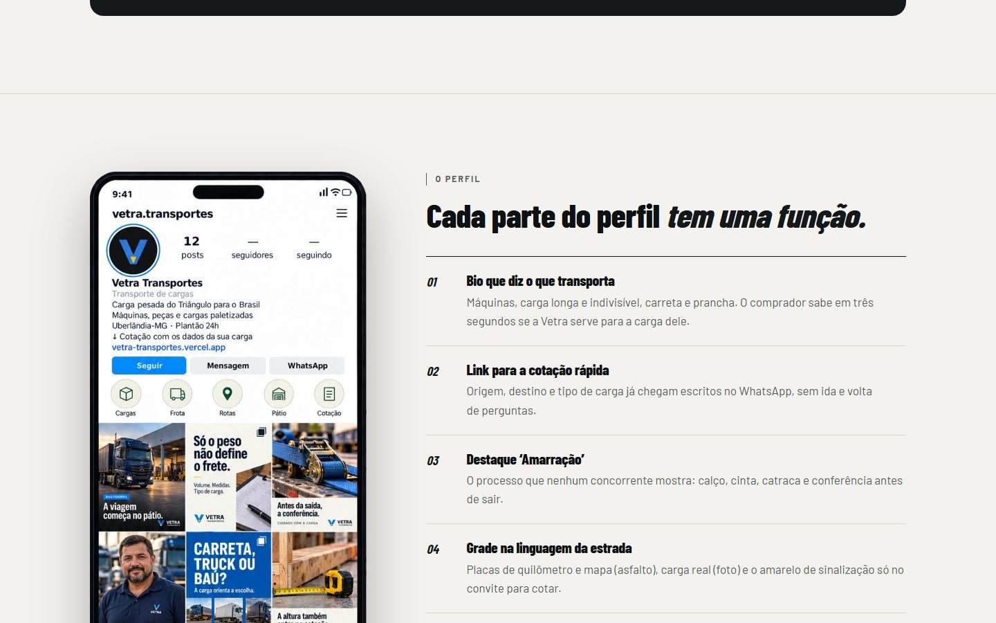 Página do planejamento de Instagram de Vetra Transportes: simulação do perfil no celular, com bio, destaques e grade de posts, ao lado da explicação de cada parte.