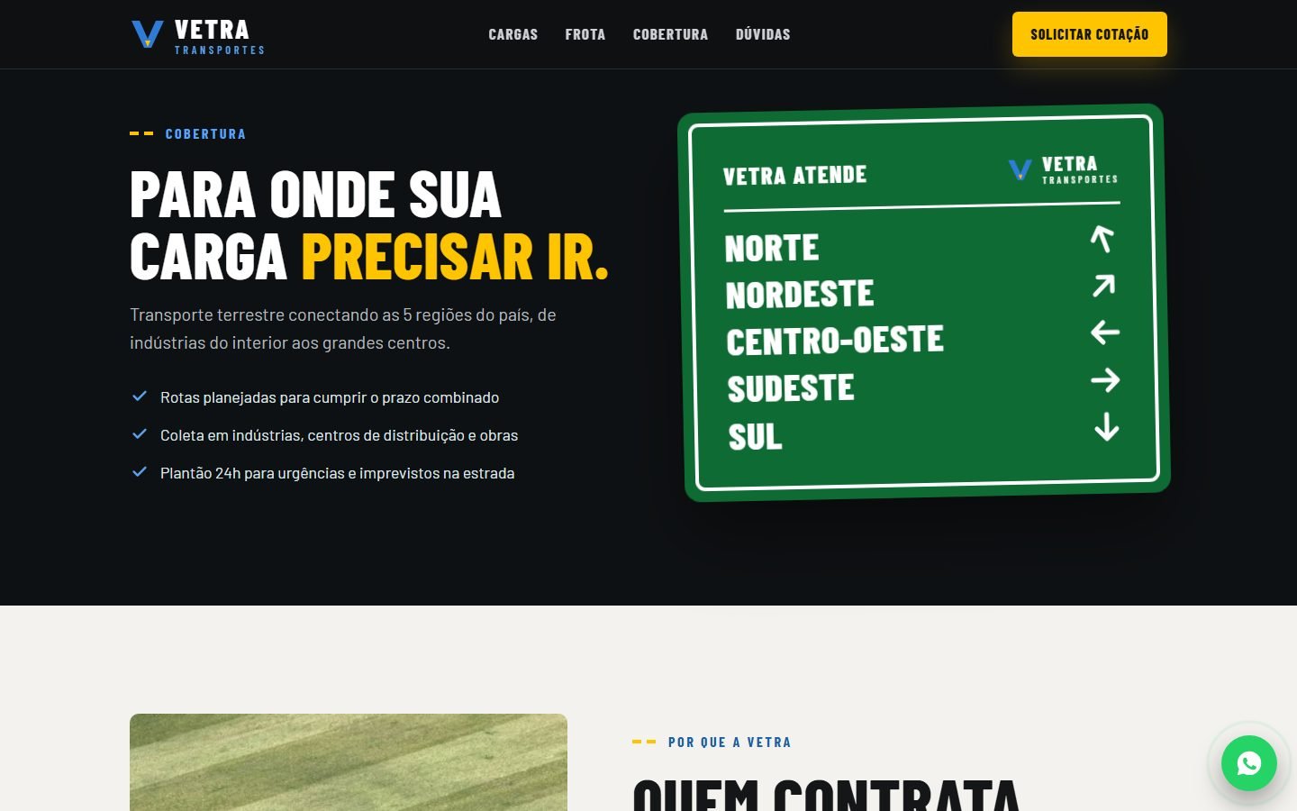 Seção “Para onde sua carga precisar ir.”: placa verde de estrada com as cinco regiões e setas.