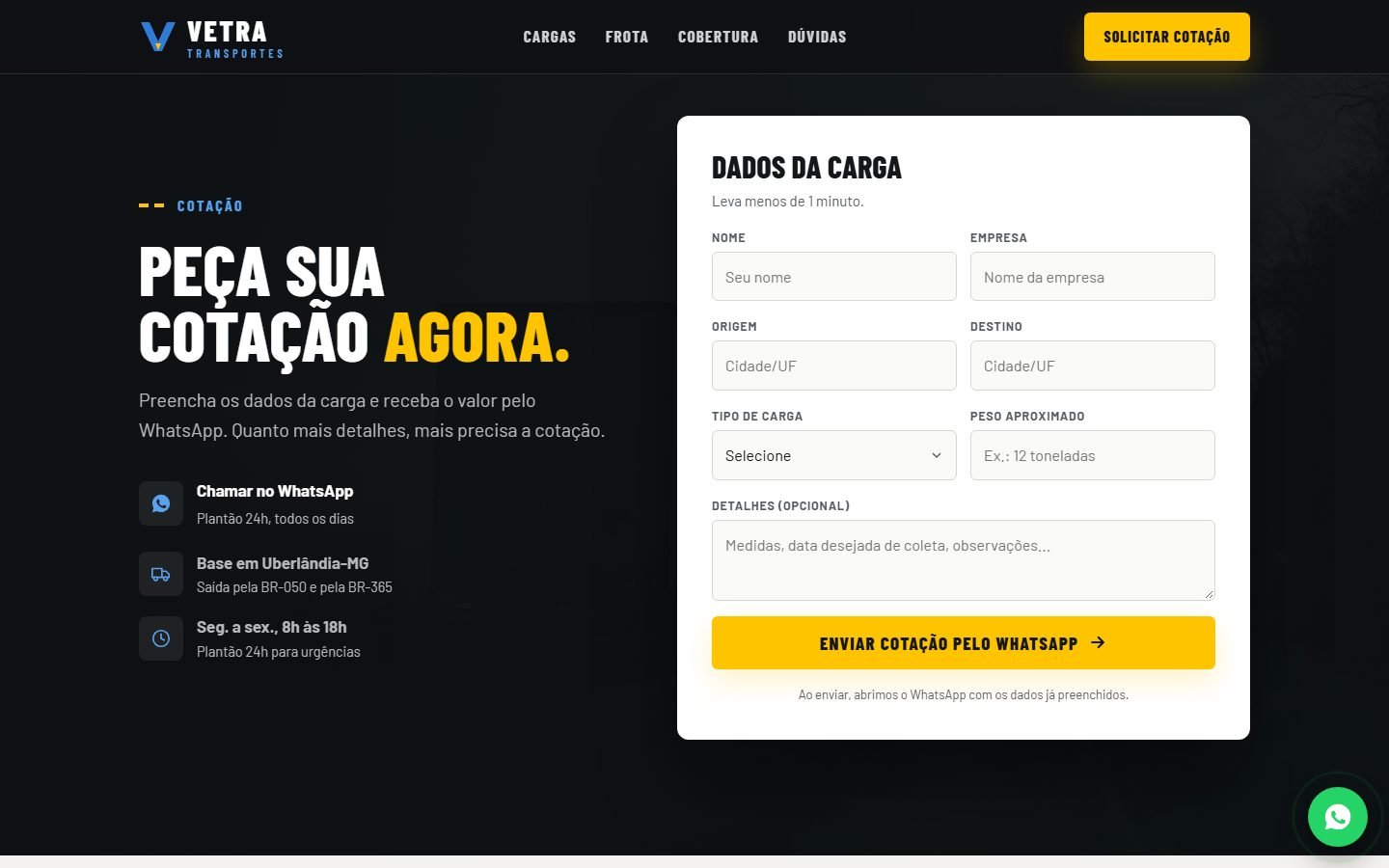 Seção “Peça sua cotação agora.”: formulário com nome, empresa, origem, destino, tipo de carga, peso e detalhes, e o botão amarelo de enviar pelo WhatsApp.