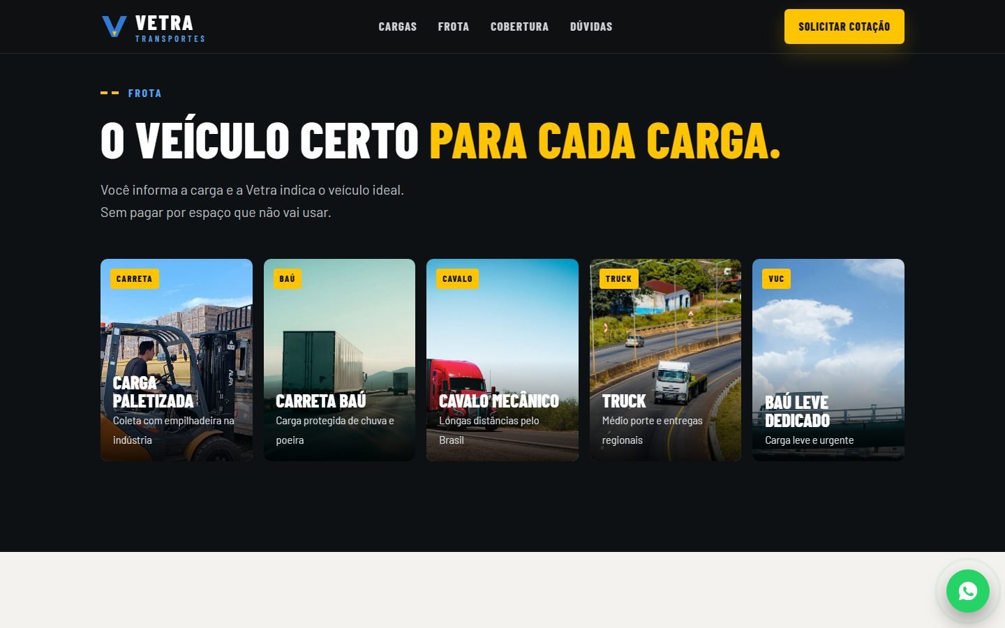 Seção “O veículo certo para cada carga.”: cinco cartões com carreta, baú, cavalo mecânico, truck e baú leve.