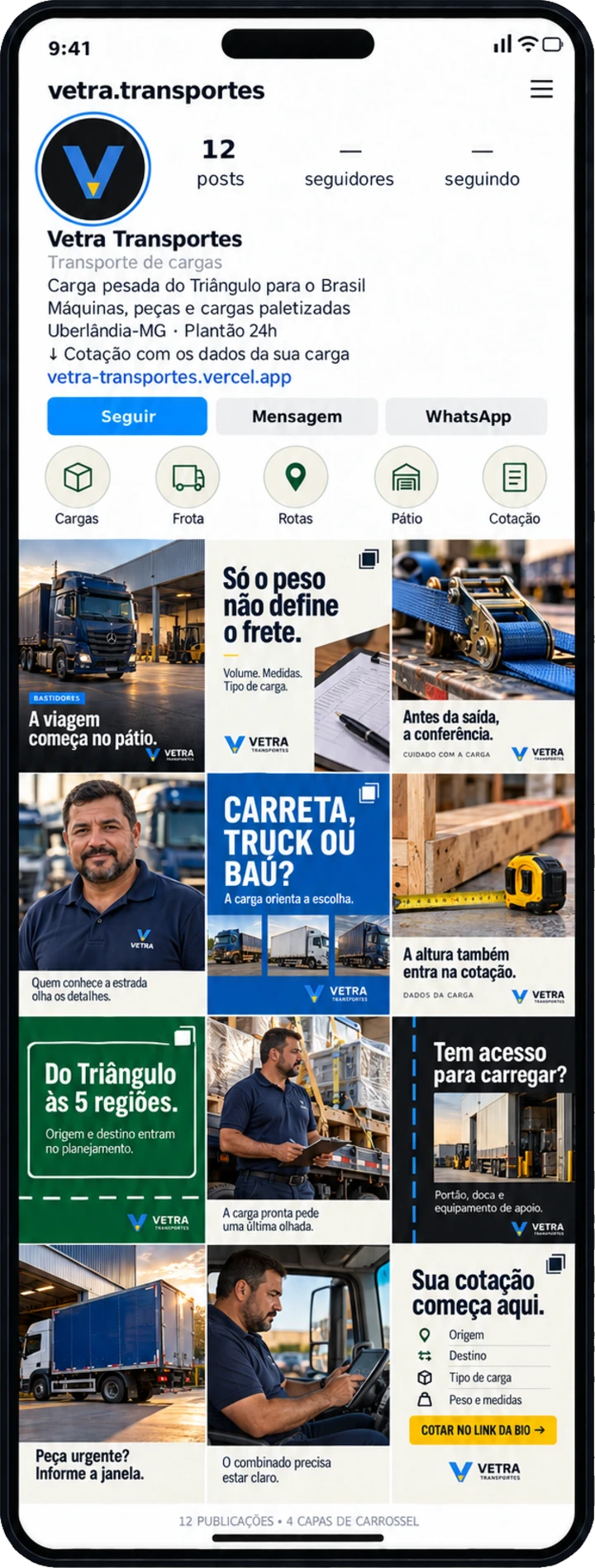 Prévia do perfil de Vetra Transportes no Instagram, no celular: bio, destaques e a grade de posts.