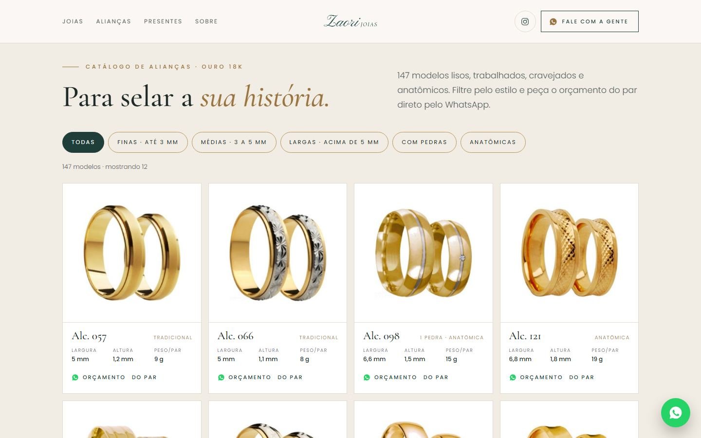 Catálogo de alianças com filtros por largura, com pedras e anatômicas, e cartões com a foto de cada par, código, medidas, peso e o link Orçamento do par.