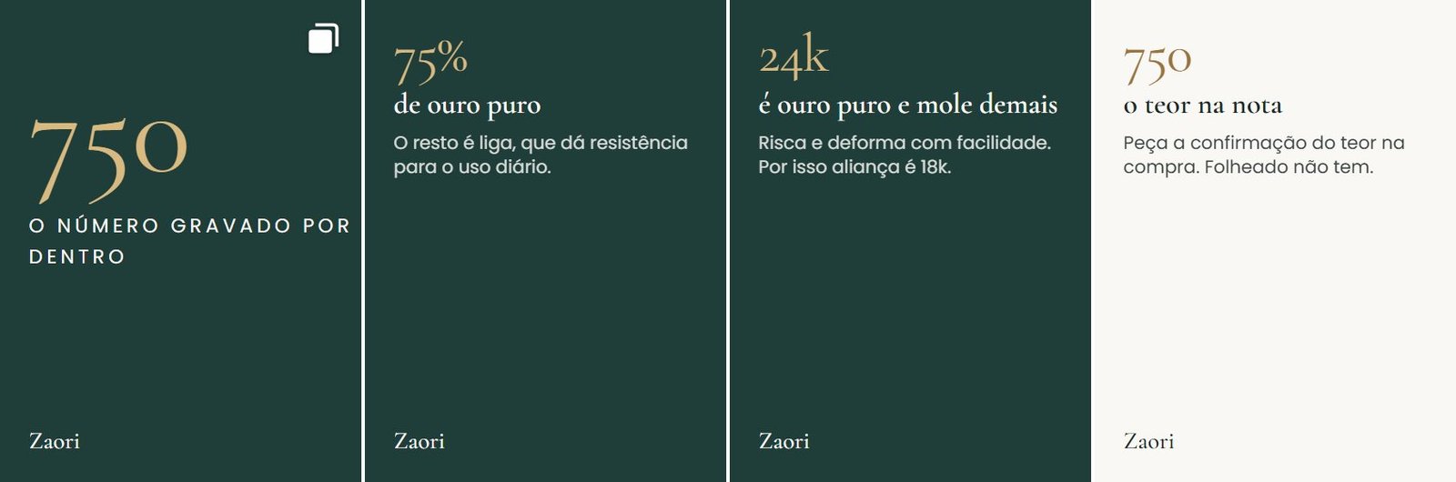 Quatro telas: capa com o número 750, 75% de ouro puro, 24k é ouro puro e mole demais, e 750 como o teor que vai na nota.