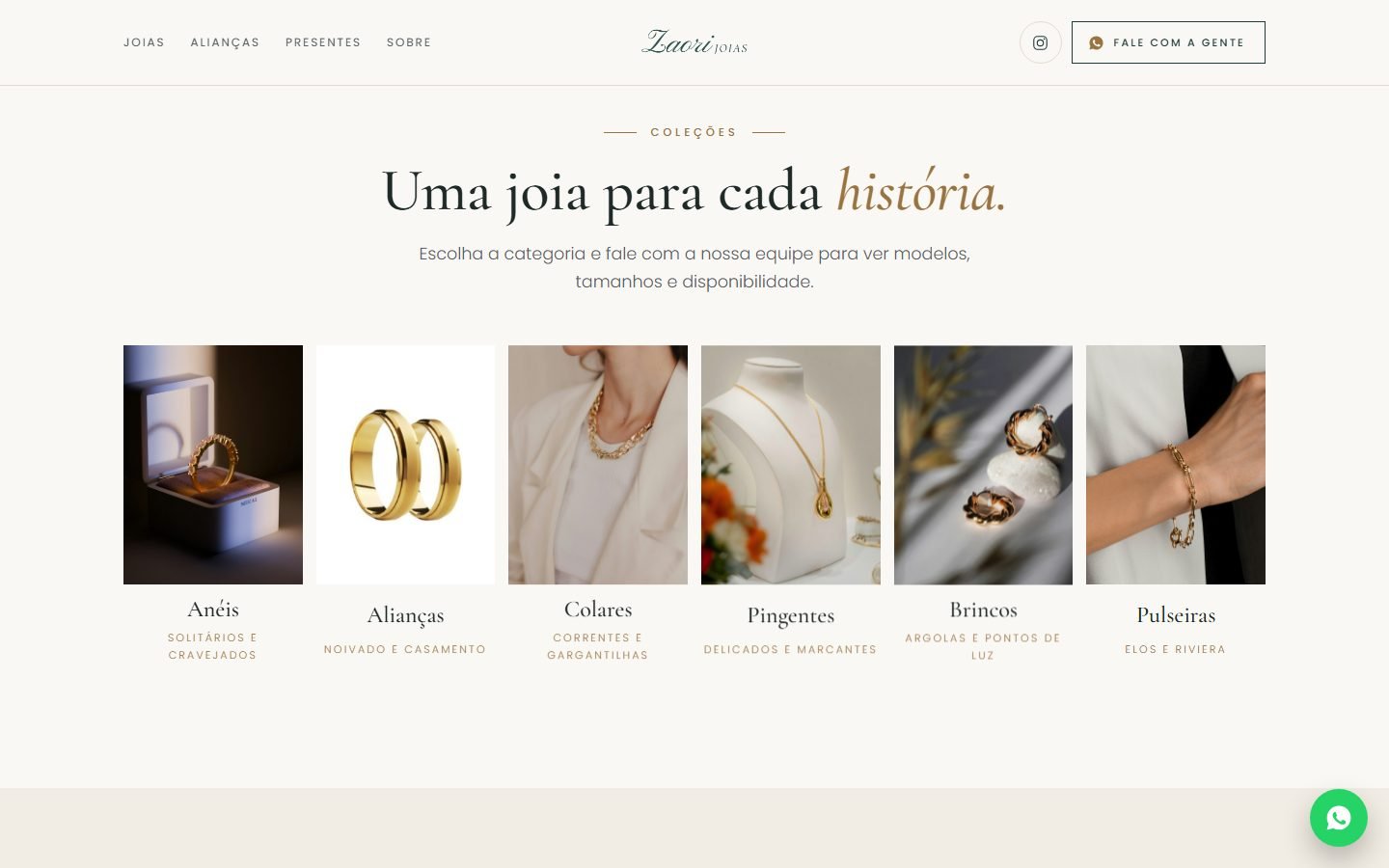Seção “Uma joia para cada história.”: seis coleções lado a lado, de anéis a pulseiras, cada uma com foto e legenda.